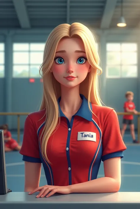 Une jeune femme de 20 ans blonde cheveux longs yeux bleus et assise derrière un comptoir dans une salle de sport. elle porte un uniforme de sport rouge et bleu et une plaque au nom de Tania