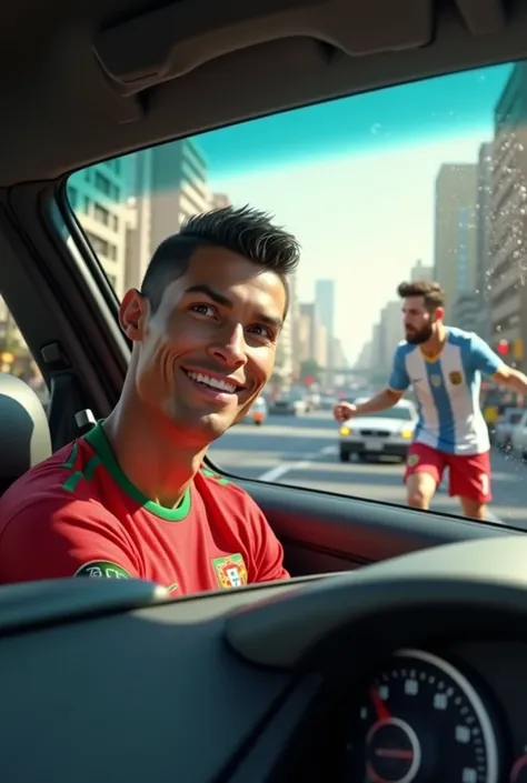 Create a hyper-realistic animation featuring Cristiano Ronaldo sitting inside a sleek car, wearing the Portugal national team jersey, while Lionel Messi, wearing the Argentina national team jersey, is outside cleaning the car windshield with a squeegee. Th...