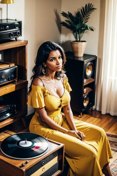 a 35 year old tanned brazilian woman, near a vintage record player, hearing bossa nova music, wearing yellow dress, inside living room