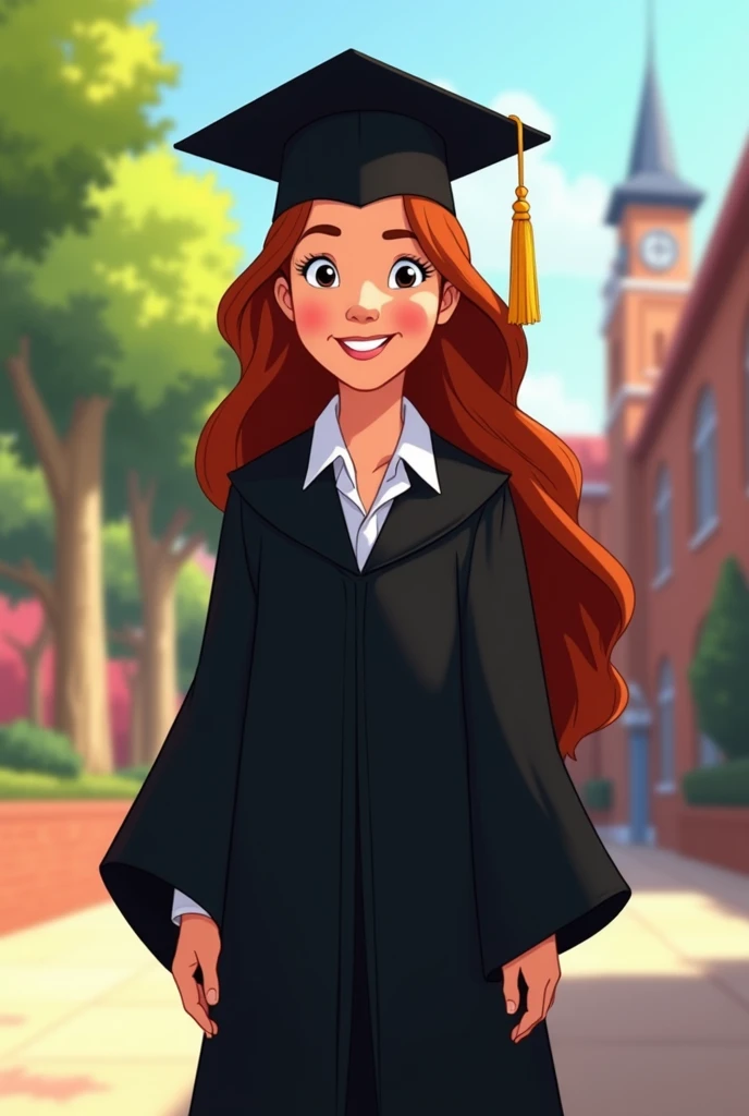 Disney cartoon of a  with long hair wearing Beca for graduation 