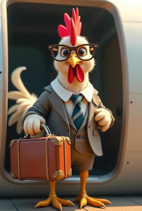 A chicken with glasses boarding a plane,holding a suitcase 

