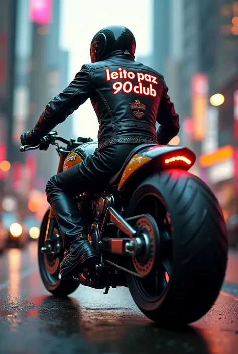 Draw a motorcyclist with a phrase on his back that says Leito Paz 90Club