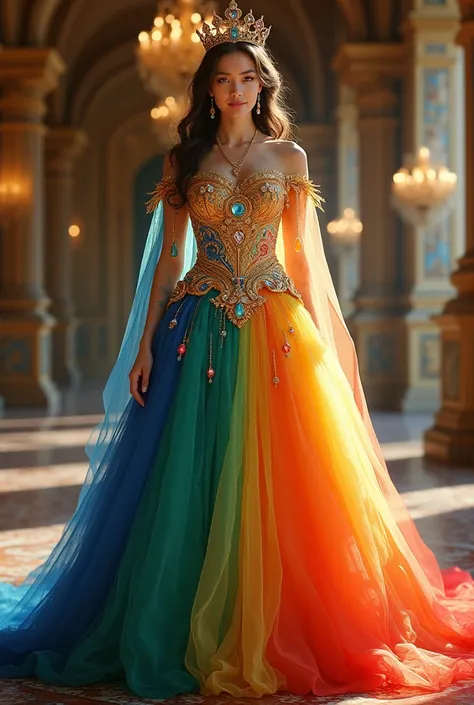 "A full-body portrait of a radiant queen standing regally in an enchanting multicolored gown. The dress features a vibrant gradient design, blending deep sapphire blue at the bodice into rich emerald green and culminating in a fiery sunset orange at the he...