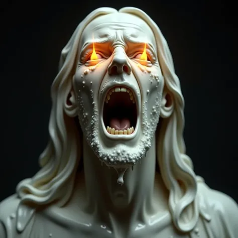 anime manga  , close shot shouting face figure made of white wax of hot melting wax jesus Christ shouting in agony , candled with flame from eyes   