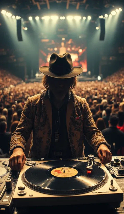 A DJ playing vinyl records on vintage record players, on big concert, front view, changing vinyl records, and scratching on them, 1970s aesthetic, expresive, warm color tones, dramatic lighting, analog equipment, detailed textures, photorealistic, highly d...