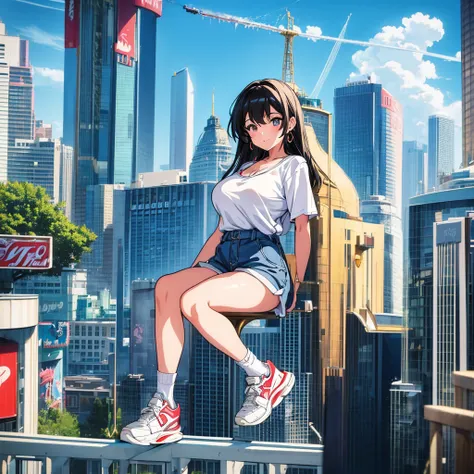 masterpiece　　Unreal Engine　Anime Style　Delicate painting　4K　90s　giant　crowd　 　amusement park　to　Giant girl standing in amusement park　Ferris wheel　Jet Coaster　　crowd　Scar　Big Breasts　White T-shirt　Summer clothes　Short sleeve　Private Server　sneakers　White s...