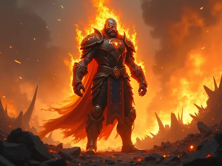  A flaming warrior in the midst of a destruction field, with eyes burning with fury, surrounded by flames that consume everything around .