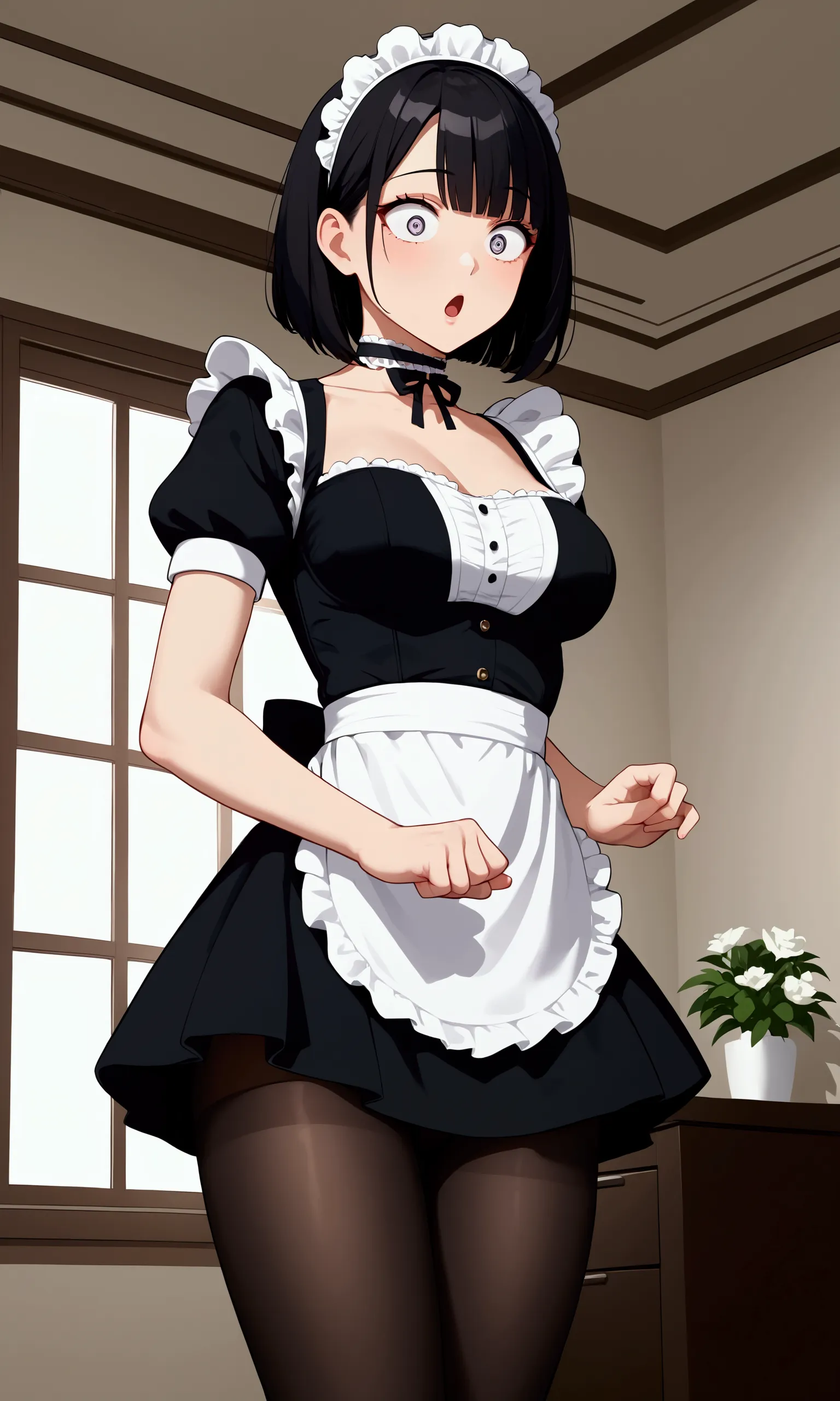 maid, girl, solo, bob hair, (surprised face)+++, indoors, black hair, skirt, thigh, tights, choker