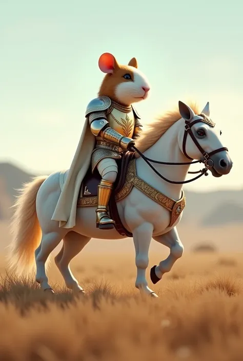 a realistic 3d cinematic character of a guinea pig rider king wearing white and gold armor riding a white horse "guinea pig face" plain background and hills full view in the distance cavalry, guinea pig rider must be in full