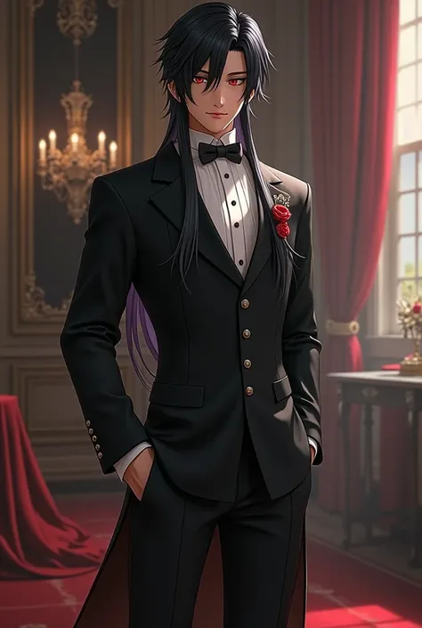 male viera from ff14 with black hair with a red and white eye dressed formally