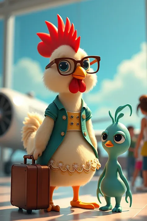  A chicken wearing glasses and dress holding a suitcase while traveling at an airport by plane ,She is going to board the aircraft and next to her is a Squid from the sea  