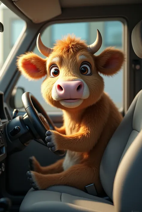 Cow drivers a car 