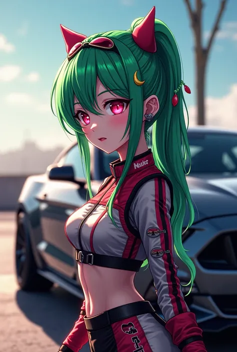 heme hinketsuki anime vampire with green hair Lolita style with race inspired gear, no hat, pink eyes, eye patch in racing girl outfit next to grey mustang S550 GT