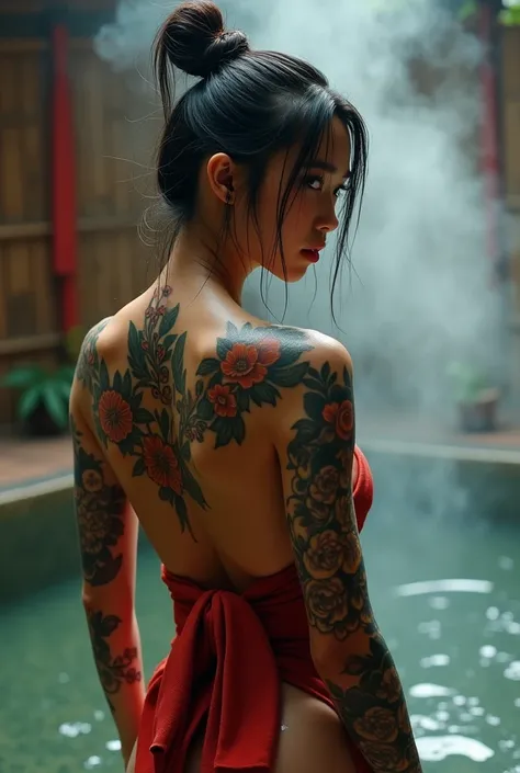 (((masterpiece))), (((best quality))), (((cinematic look))), extremely gorgeous naked asian samurai girl, her back to camera , looking at the viewer, naked , ((large floral tattoos)), back tattoos, arm tattoos, highly intricate tattoos, hyper realistic tat...