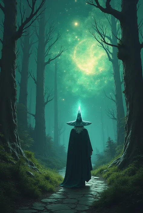 Dark and psychedelic wizard with a crystal hat in a dark path on a strange Galaxy in a green and dark forest