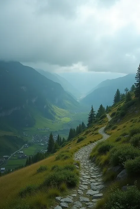 A cloudy day view of a rural landscape taken from a mountain slope. The foreground features a grassy and rocky trail with scattered shrubs and bushes. In the midground, a lush valley with farmland and small villages is visible. The background showcases lay...