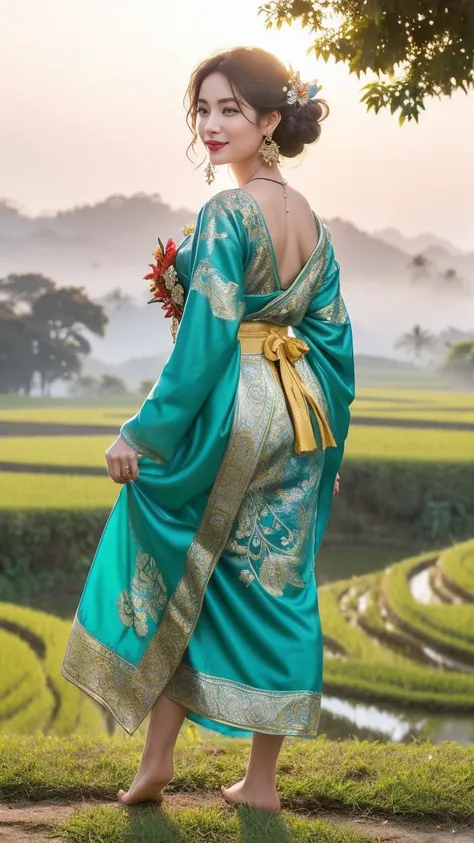 "Rice Field Goddess" (Masterpiece, Ultra-Detailed, Photorealistic, 32k, Sharp Focus, Realistic)
Subject: A glamorous woman with deep blue eyes, soft chestnut curls cascading down her back, and glowing skin. She wears bold red lipstick and subtle eye makeup...