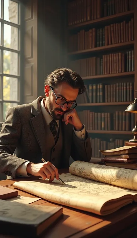 A scholarly historian in a library surrounded by old maps, ancient books, and documents, looking thoughtful as they study the Lost Colony of Roanoke, hyper-realistic 8K quality