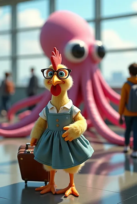  A chicken wearing glasses and dress holding a suitcase while traveling at an airport by plane ,She is going to board the aircraft and on the side there is a big pink sea squid 
