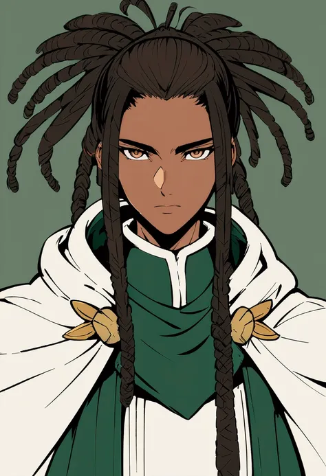 dark-skinned adult , brown eyes, estilo de cabelo dreadlock, colored sketch, unreal character concept,  Portrait of my character concept ,  detailed character portrait ,  anime-style character, cel - shaded art style,white pants,  wearing beige shoes with ...