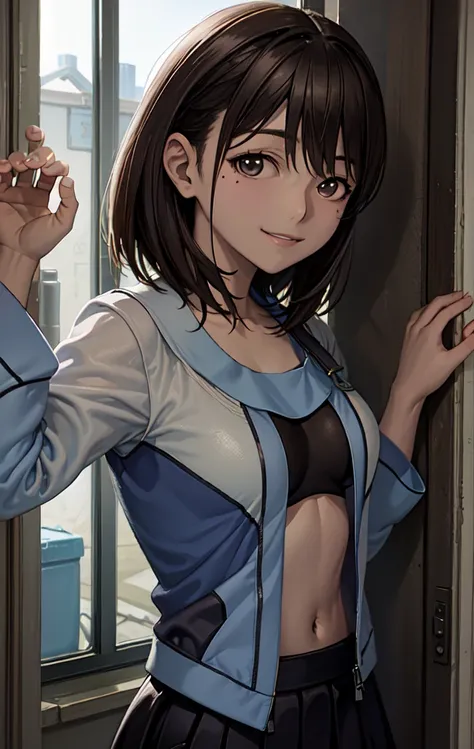   busty anime girl posing in front of a window , (Chest fully open)), (( upper body)), ((people々Focus on)), (((( best smile)))), Alluring anime girl,  Best Anime 4K Kona-chan Wallpaper ,  Perfect gray haired girl ,  charming anime girl , 4k anime wallpaper...