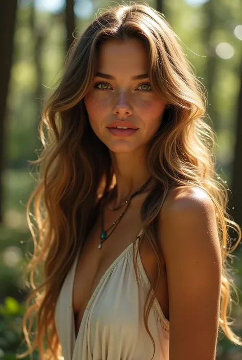  a 19-year-old woman ,  long wavy hair,  brown with golden reflections . honey colored eyes, freckles on the nose. very beautiful and angelic ,  wearing a contemporary walking dress in a forest like Valientes, Slim but not so thin and with a slightly ish f...