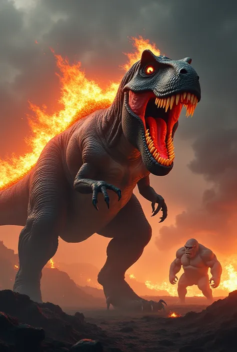  Dinosaur t rex,  fire on the back ,  shooting death laser from mouth, fight with kong 