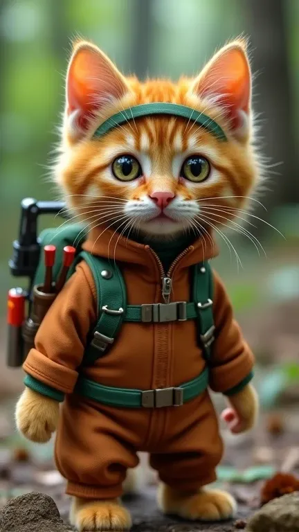  A kitten with golden brown fur and a more prominent nose , referring to the striking physical characteristic of the character .  He wears a brown jumpsuit with green details and a headband .  There is a small backpack with tools and a slingshot attached t...