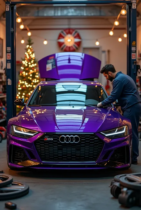 purple audi rs6 in mechanic doing engine repairs christmas time
