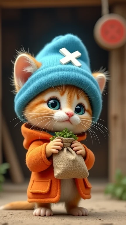  An adorable little kitten with a light brown coat and a blue hat with a white X in the center.  He has a vibrant blue nose and wears an orange colored outfit .  He is holding a small bag of herbs , symbolizing his role as a doctor .  The background is a r...