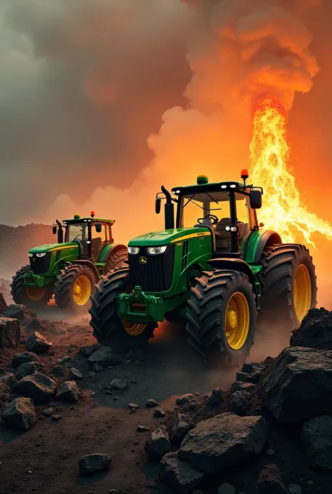 John Deere tractors driving on a volcano