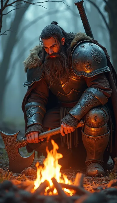 A fantasy warrior with long hair and beard, clad in medieval armor, crouches beside a campfire in a misty forest at dusk, holding an ornate battle axe.