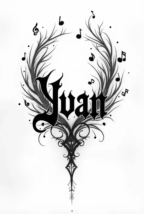 A black and white drawing of the name Yvan in Gothic script surrounded by musical notes 