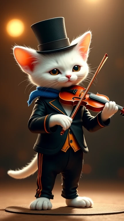  A kitten with a stylized skeletal appearance,  with very thin white fur and an elongated face .  He wears a black suit with orange details ,  a blue scarf and a top hat .  Holds a violin and is in performance pose . The background is an illuminated stage ...