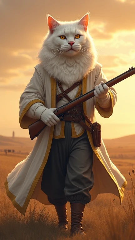  A large white-haired cat with a striking scar on his face and a curved mustache,  referring to the iconic shape of the character .  He wears a white robe with gold edges and black pants ,  wielding a bison  (a long gun ).  The background is a battlefield ...