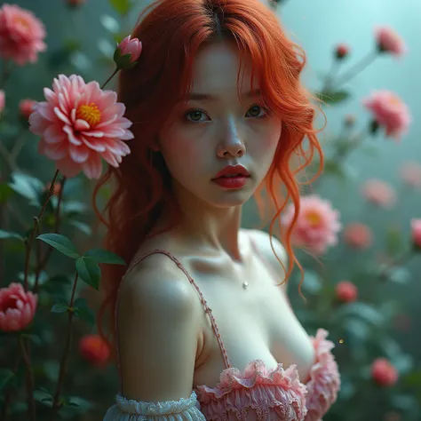 sexy erotica, (large cleavage,Big tits),(1 girl,korea face  sexy 18 year old girl ,  pale skin, (body heigth:140cm),  innocent look, Young face,,gothic state of a snowy female creature in macro mode in a flower explosion against the background of hallucina...