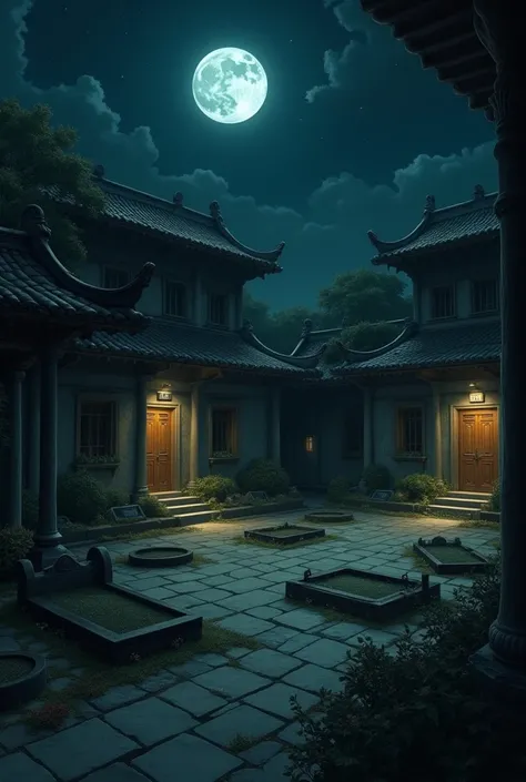 A small courtyard ,  inside the courtyard, several animal graves,  on the left side of the picture, a door . night time .  Remove the door in the middle and add more graves. The door is only on the left side . closed room
