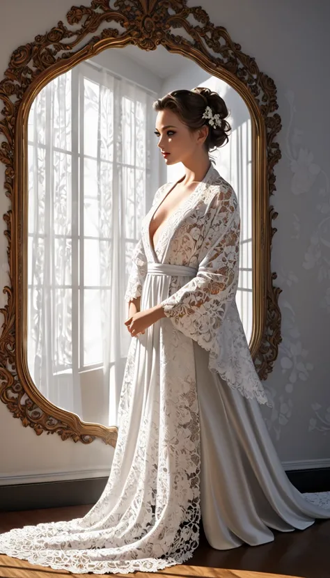 portrait, Fresh beauty,  half updo silky and shiny, make-up,  loving and lascivious expression , courteous , elegance, dignity, curvilinear, under , side ,  wearing a lace robe ,  wall-to-wall mirror wall, various effects,   delicate and dynamic textures  ...