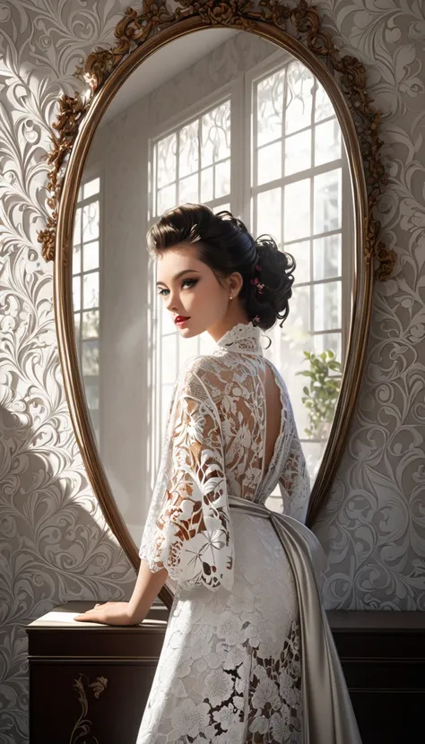 portrait, Fresh beauty,  half updo silky and shiny, make-up,  loving and lascivious expression , courteous , elegance, dignity, curvilinear, under , side ,  wearing a lace robe ,  wall-to-wall mirror wall, various effects,   delicate and dynamic textures  ...