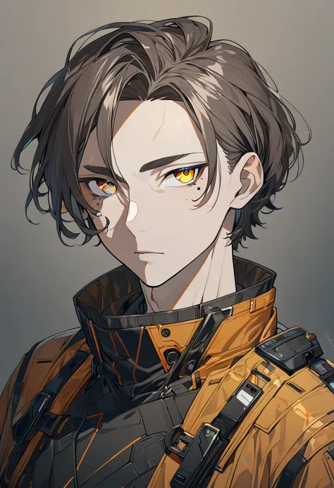 1boy,solo,Viktor, Thirty-five years old,Wrinkles, cheekbones, upper body,( parted bangs, dark brown_hair, medium hair ) , (hazel eyes:1.5) , fair skin, mole under eye,Thick eyebrows, skinny body, expressionless, neutral background, cyberpunk outfit, 