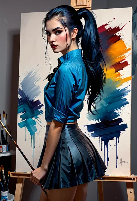 realistic, Charlie Bowater style, vampire, painter, studio, brushes and canvases, young woman with long black hair tied into a ponytail, colorful blues, small breasts, asymmetrical medi skirt,  