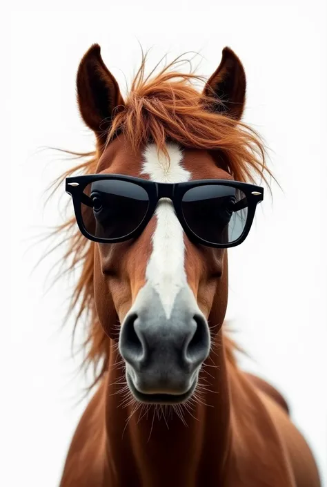 horse with white background frizzy hair and dark glasses 