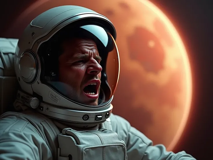  generate a high resolution 8k ,  of an astronaut ,  highlighting the astronauts face inside his clothes,  looking dreaded and tired , sweaty face. He must be screaming.. In the background,  a planet with a red Earth , similar to Mars ,  image full of deta...