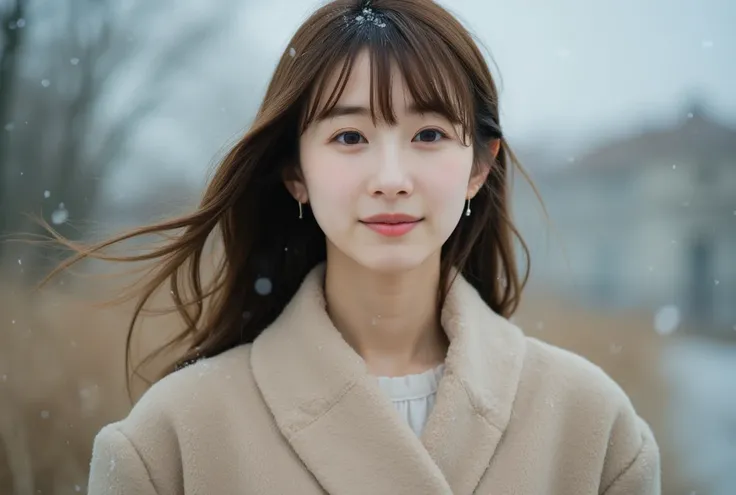 cinematic photo of an asian woman, wearing a elegant beige coat ,winter-scharf,  smile, her hair is flowing in the wind and snowfall, 35mm photograph, film, bokeh, professional, 4k, highly detailed, the Photo coveys her elaborate atmosphere and Elegance. C...