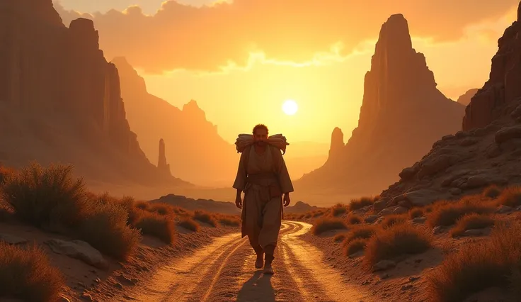 A rugged landscape showing Salman traveling westward on a dirt path, passing through deserts and mountains. He carries a small bundle of belongings and looks determined, with the sun setting behind him.