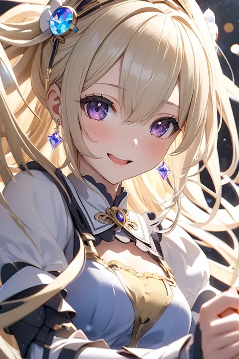 anime re:Zero style, Emilia-style female, height 150cm, black eyes, loose and fluffy, semi-long, outfit, pale navy and light blue uniform, glitter, high quality,  8k Ultra HD , anime-style digital illustration, soft anime style, luminous, three-dimensional...