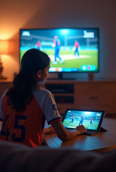 A girl of 19 year old watching cricket match on table and fan of  India tv screen and his name Divya and jersey number 45 