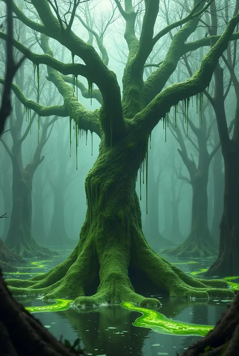 Green and liquid Roots strange tree in a weird swamp 