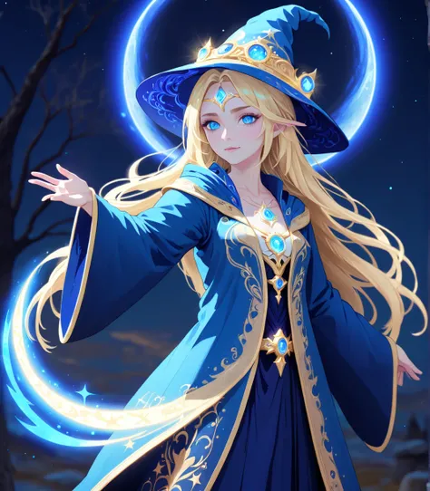 a photo of a shimmering blonde ,  beautiful blue-eyed sorceress girl standing on a moonlit night  . a colorful one,  halo appears and colors the scene .   She wears a wizards hat with gold embroidery and luxurious blue robes,  creating a mysterious atmosph...