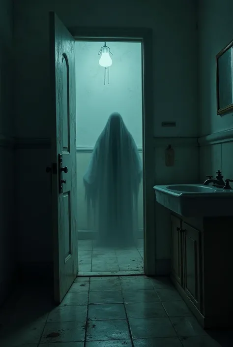 an empty bathroom, With doors swaying by themselves. Let that dark image  